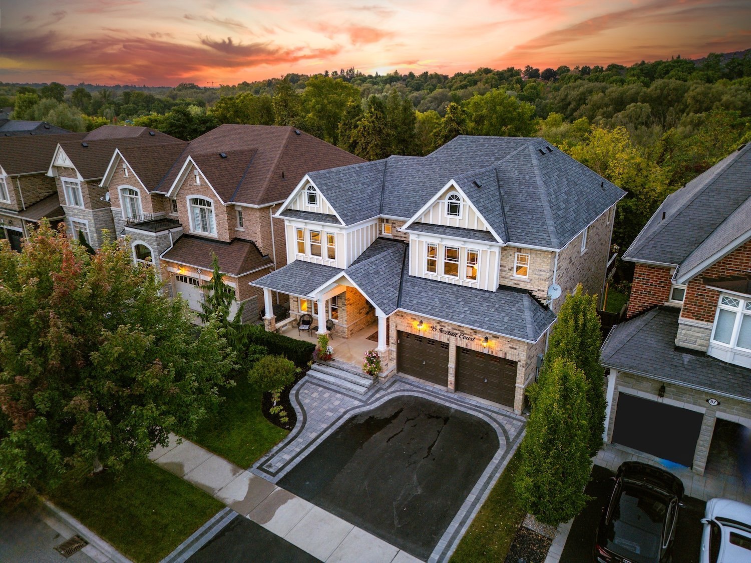 Aerial view of a home at sunset