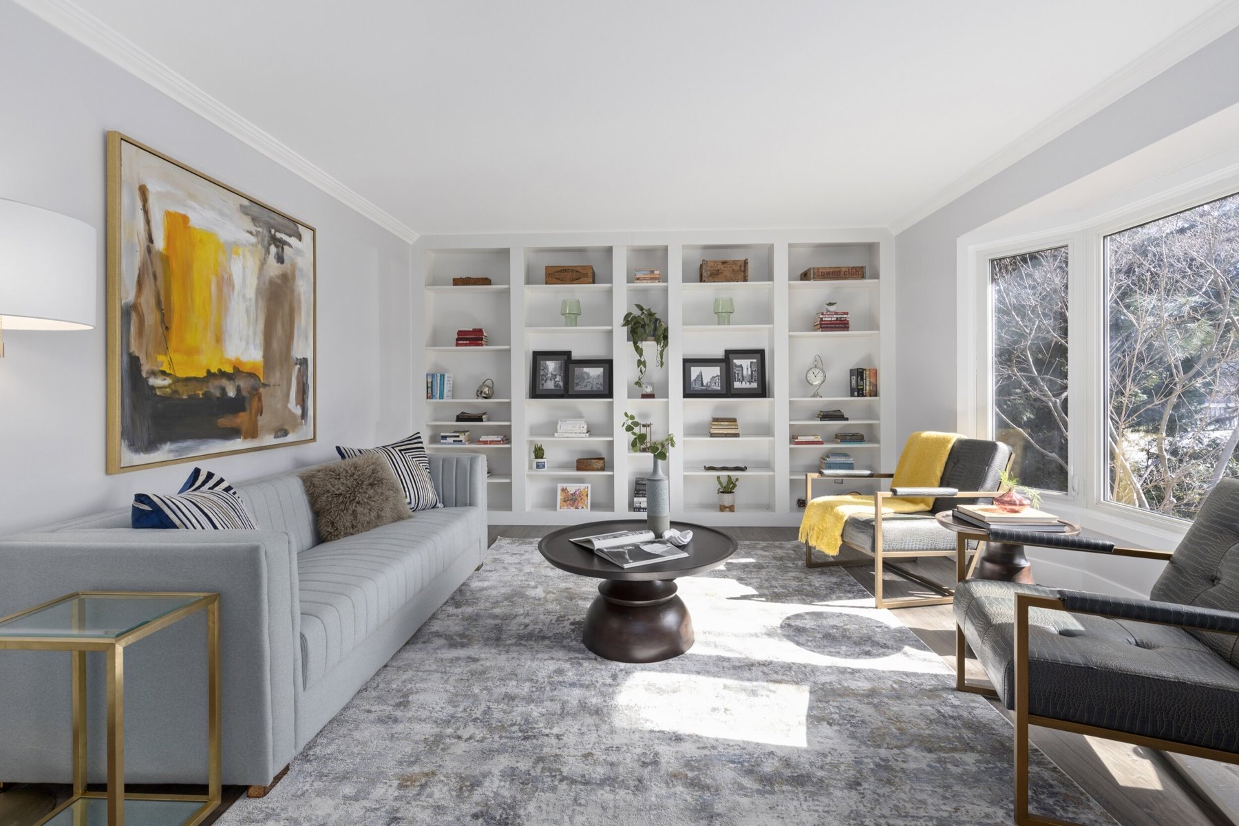 Living room and library shelves