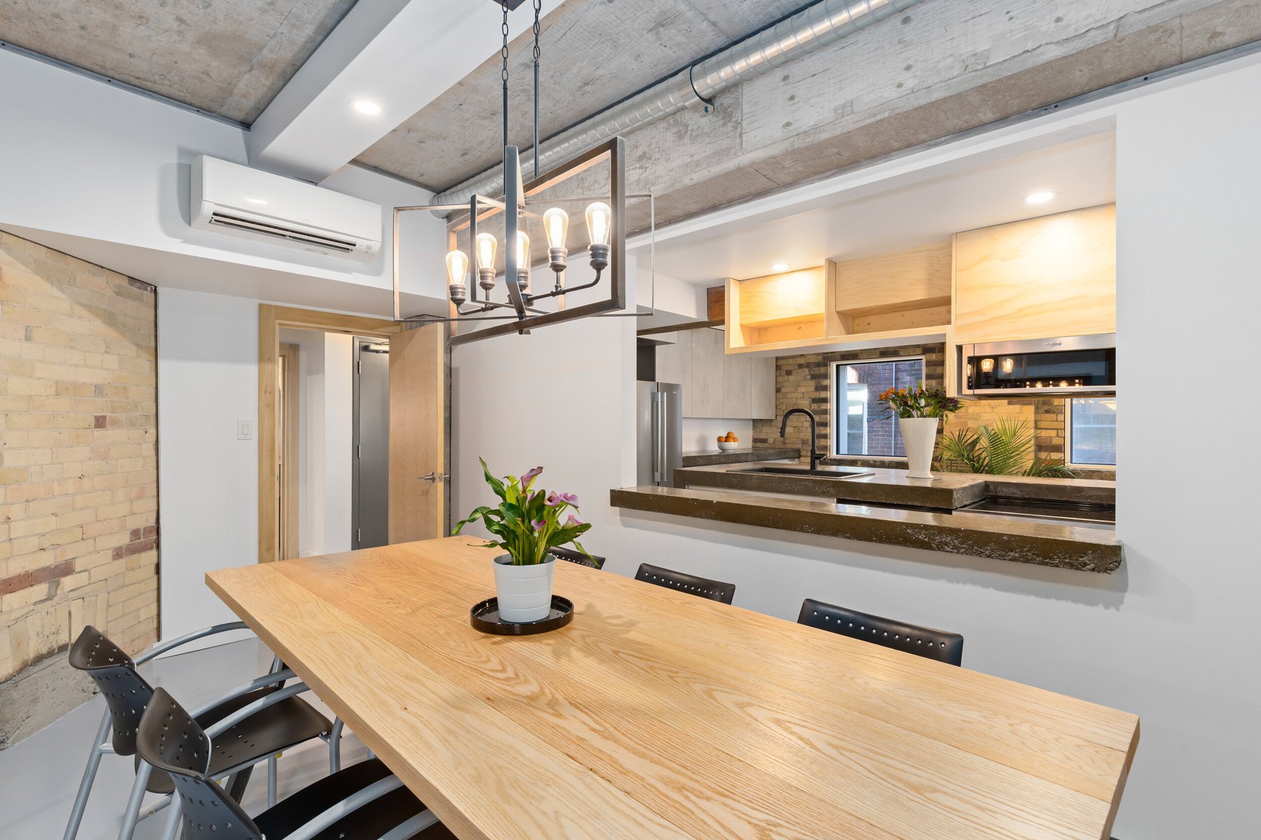 Dining room with exposed brick